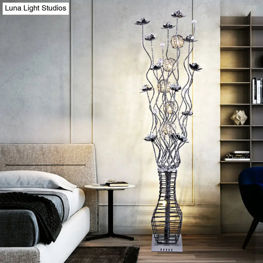 Aluminum Tree Branch Led Floor Lamp With Vase Pedestal - Stylish Bedside Light In Black And