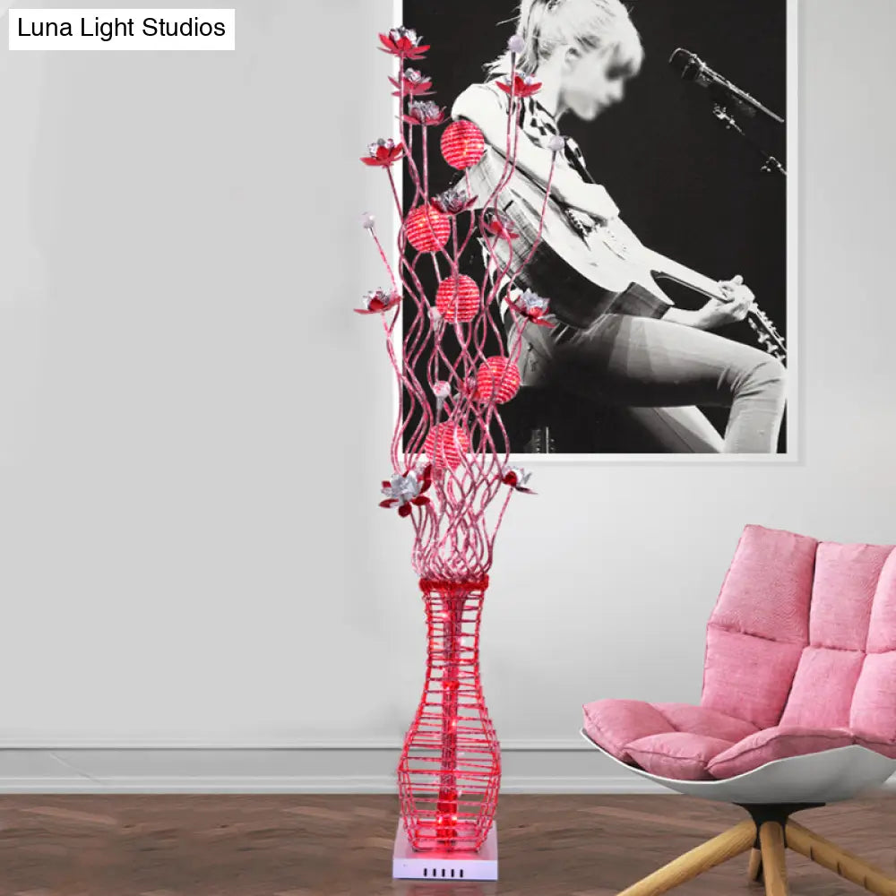 Aluminum Tree Branch Led Floor Lamp With Vase Pedestal - Stylish Bedside Light In Black And