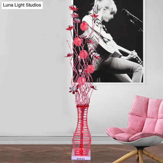 Aluminum Tree Branch Led Floor Lamp With Vase Pedestal - Stylish Bedside Light In Black And