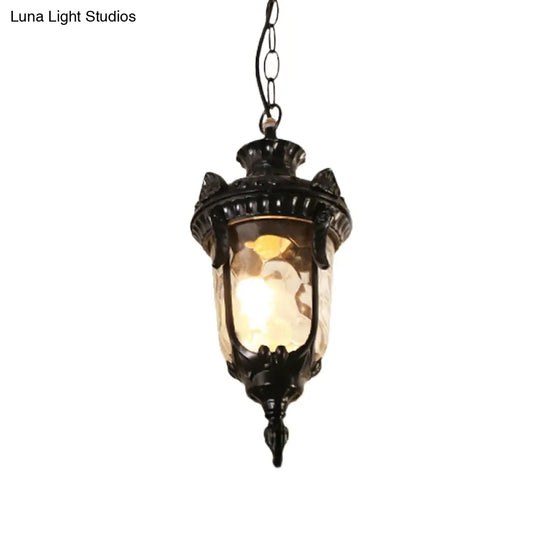 Aluminum Urn Garden Hanging Light With Water Glass Shade - Country Black/Brass Ceiling Lamp Fixture