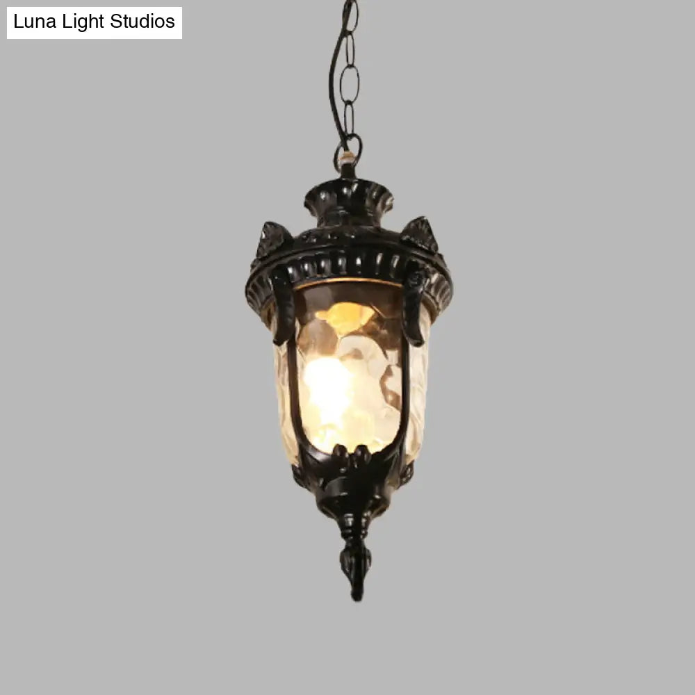 Aluminum Urn Garden Hanging Light With Water Glass Shade - Country Black/Brass Ceiling Lamp Fixture