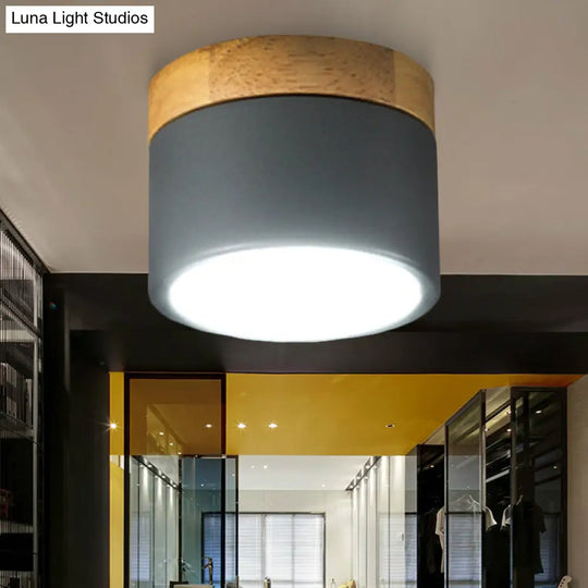 Aluminum Wood Flush Mount Down Light For Living Room Gallery - Simple And Stylish Drum Shape Grey