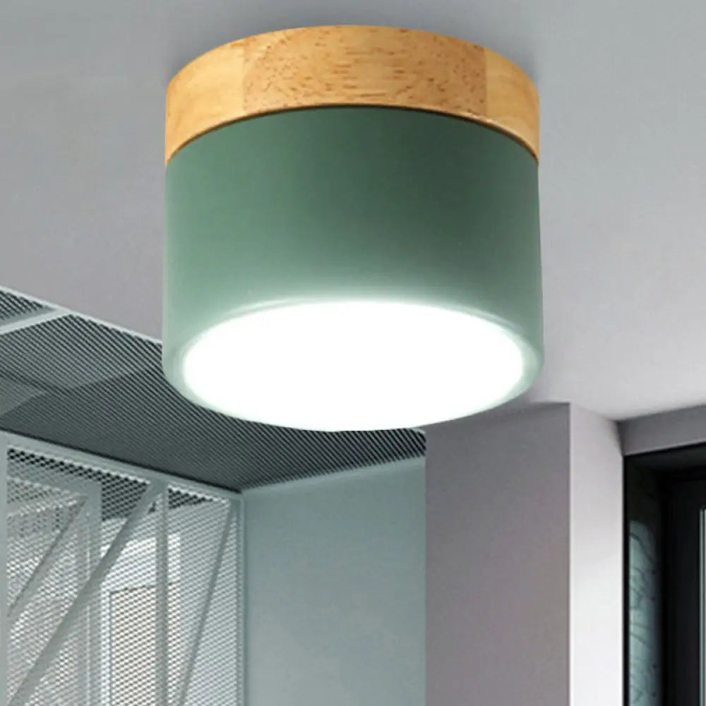 Aluminum Wood Flush Mount Down Light For Living Room Gallery - Simple And Stylish Drum Shape Green