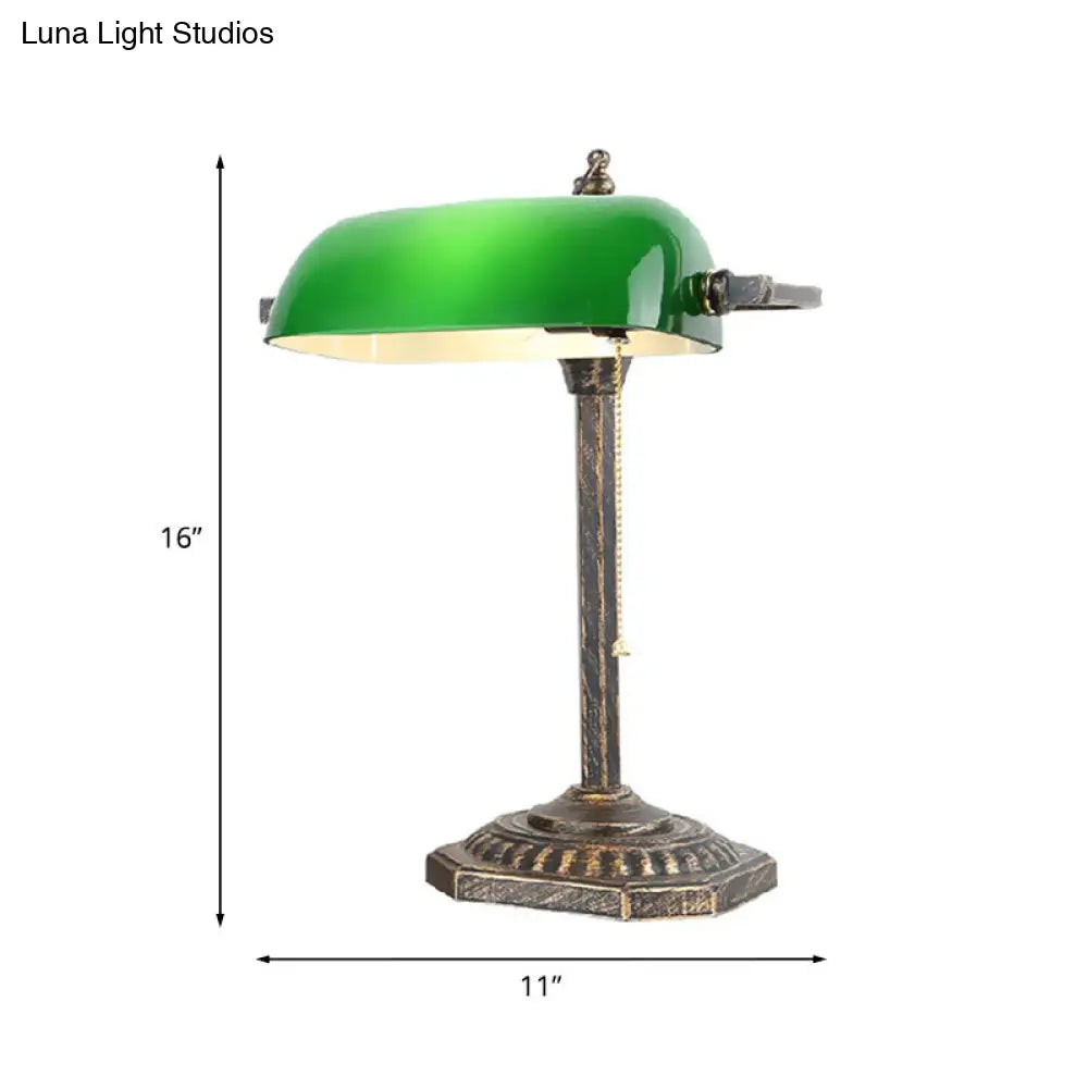 Traditional Green Glass Bronze Nightstand Lamp With Pull Chain - Perfect For Bedroom Reading