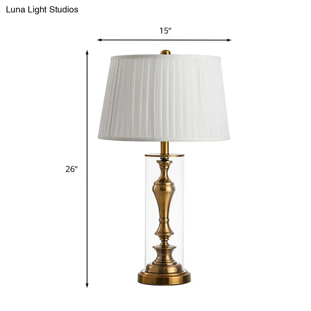 Gold 1-Light Night Table Lamp With Countryside Fabric Shade And Metal Candlestick Base