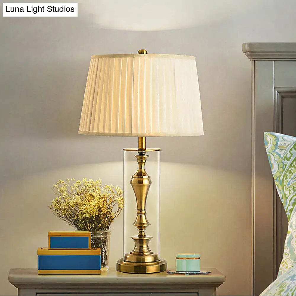 Gold 1-Light Night Table Lamp With Countryside Fabric Shade And Metal Candlestick Base