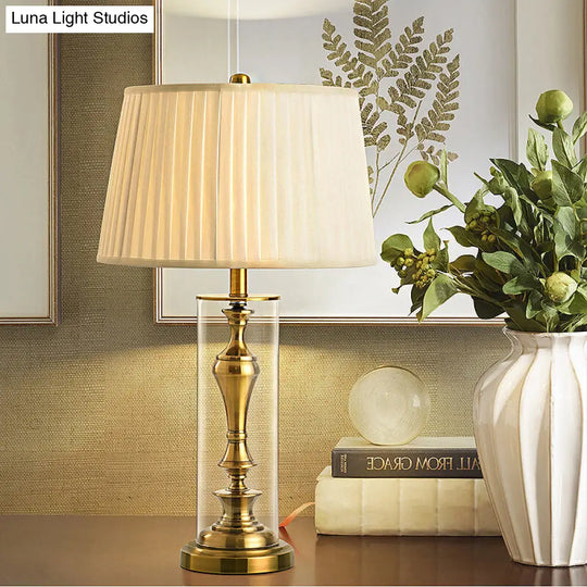 Gold 1-Light Night Table Lamp With Countryside Fabric Shade And Metal Candlestick Base