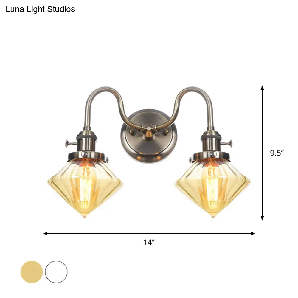 Amber/Clear Glass Wall Light With Undulated Arm In Bronze - Factory 2 Bulbs Living Room Mounted