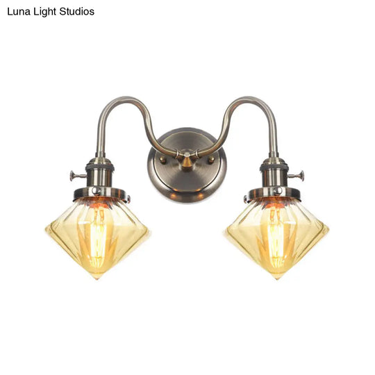 Amber/Clear Glass Wall Light With Undulated Arm In Bronze - Factory 2 Bulbs Living Room Mounted