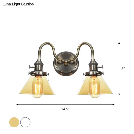 Amber/Clear Glass Wall Light With Undulated Arm In Bronze - Factory 2 Bulbs Living Room Mounted