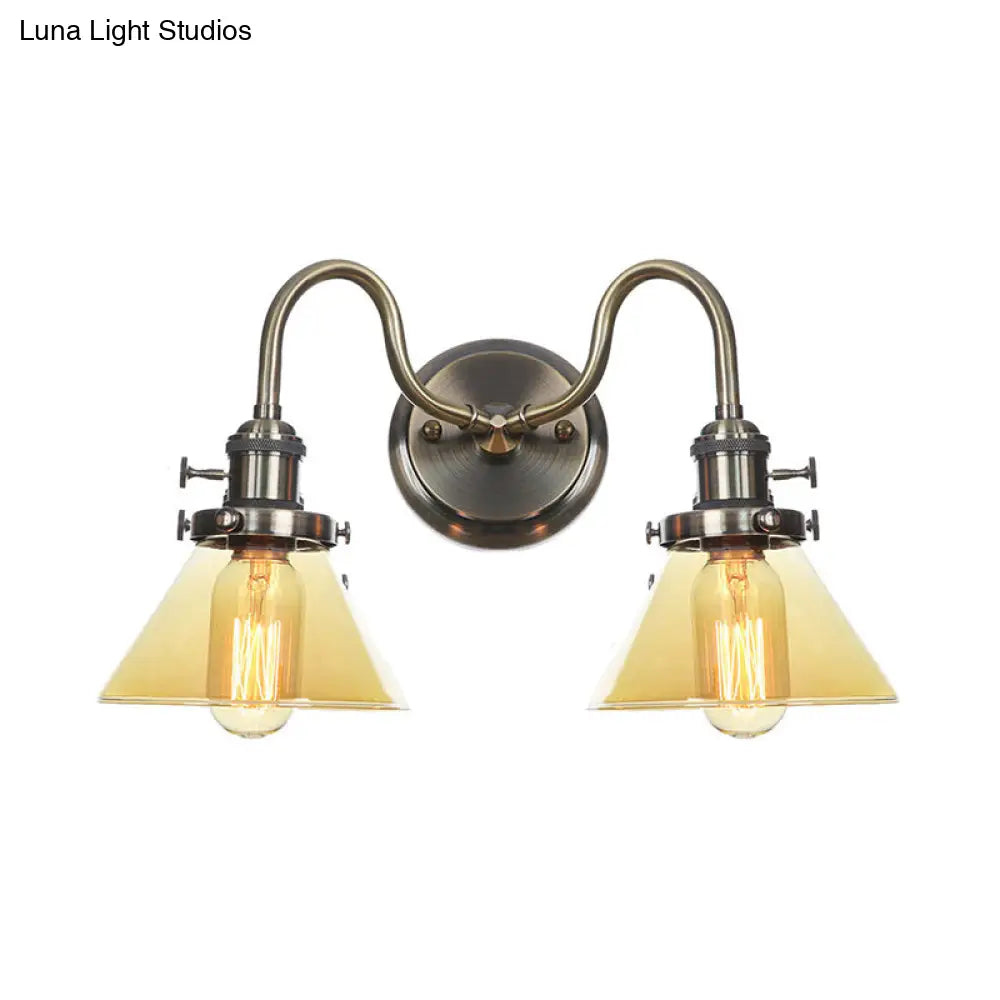 Amber/Clear Glass Wall Light With Undulated Arm In Bronze - Factory 2 Bulbs Living Room Mounted