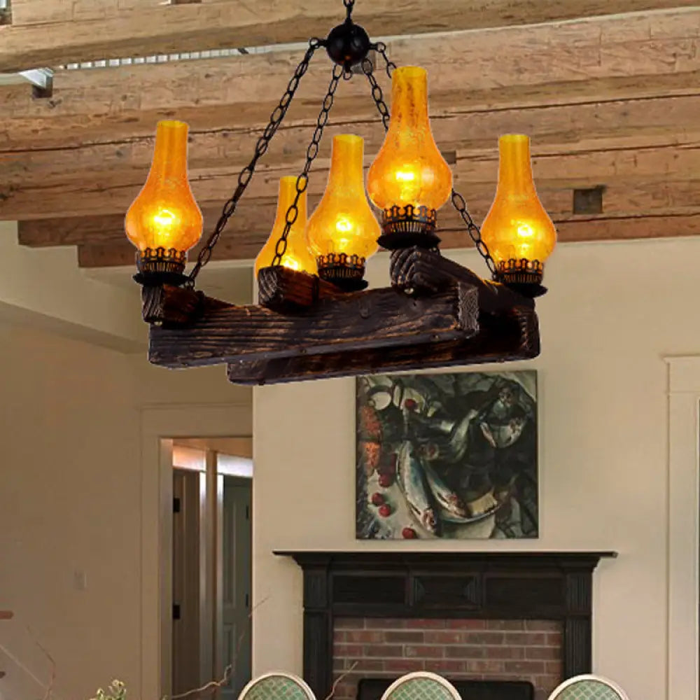 Amber Crackle Glass Chandelier With 5 Lights - Dark Wood Restaurant Hanging Light Fixture