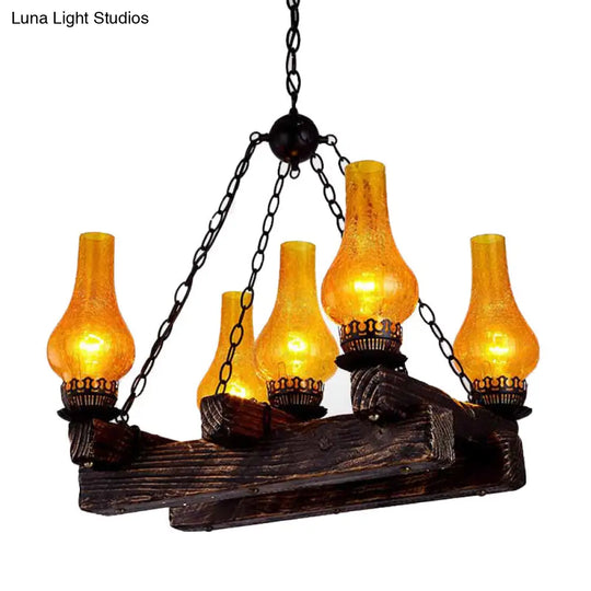 Amber Crackle Glass Chandelier Antiqued 5-Light Hanging Fixture In Dark Wood - Perfect For