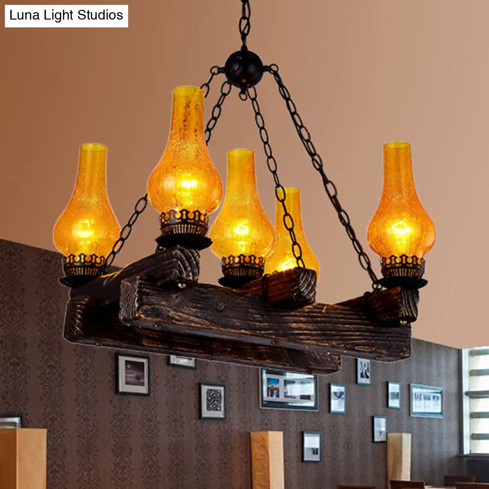 Amber Crackle Glass Chandelier Antiqued 5-Light Hanging Fixture In Dark Wood - Perfect For