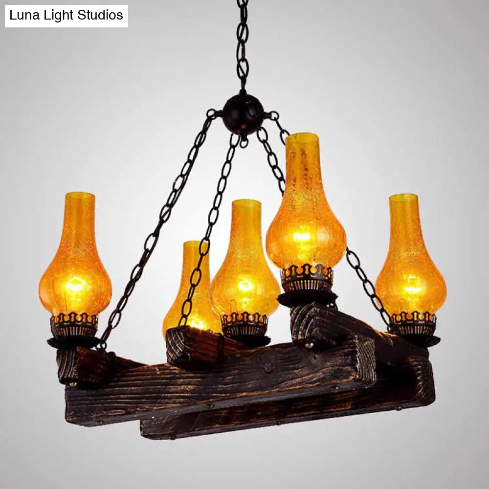 Amber Crackle Glass Chandelier With 5 Lights - Dark Wood Restaurant Hanging Light Fixture