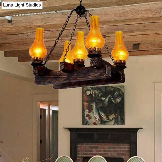 Amber Crackle Glass Chandelier Antiqued 5-Light Hanging Fixture In Dark Wood - Perfect For