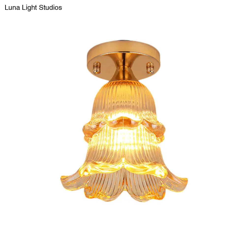 Amber Crystal Flower Corridor Ceiling Light With Gold Finish Flush Mount Single Bulb