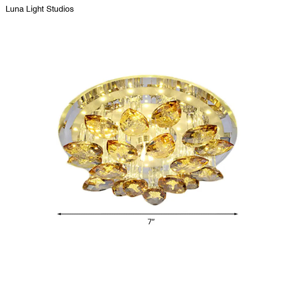 Amber Crystal Flush Mount Lamp - Teardrop Led Ceiling Fixture In Warm/White Light With Prism Column