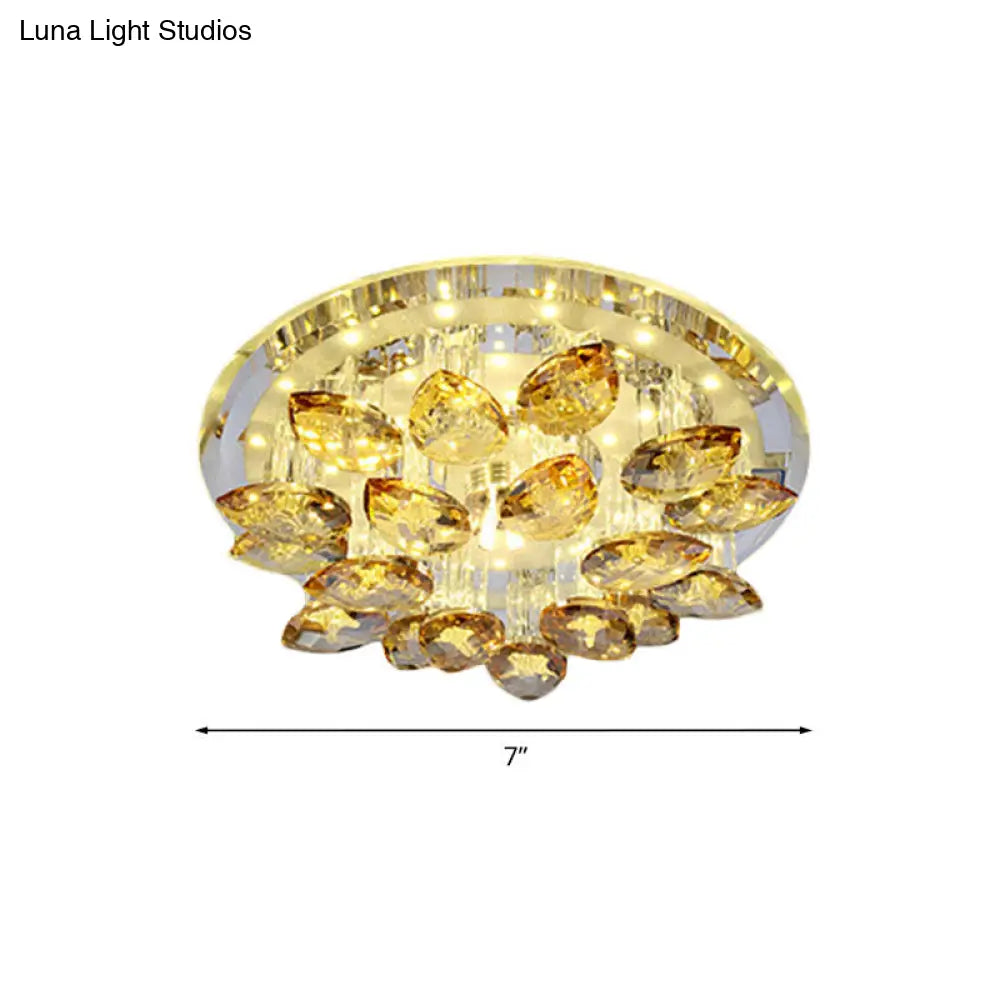 Amber Crystal Flush Mount Lamp - Teardrop Led Ceiling Fixture In Warm/White Light With Prism Column