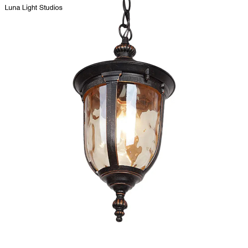 Amber Dimpled Glass Ceiling Light: Urn-Shaped Pendant Fixture For Hallways (1-Head Black)