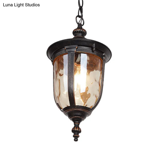 Amber Dimpled Glass Ceiling Light: Urn-Shaped Pendant Fixture For Hallways (1-Head Black)