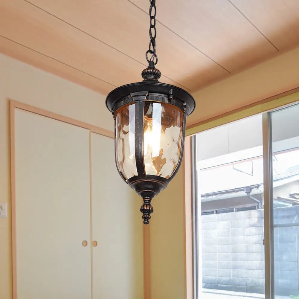 Amber Dimpled Glass Ceiling Light: Urn-Shaped Pendant Fixture For Hallways (1-Head Black) Black