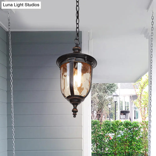 Amber Dimpled Glass Ceiling Light: Urn-Shaped Pendant Fixture For Hallways (1-Head Black)