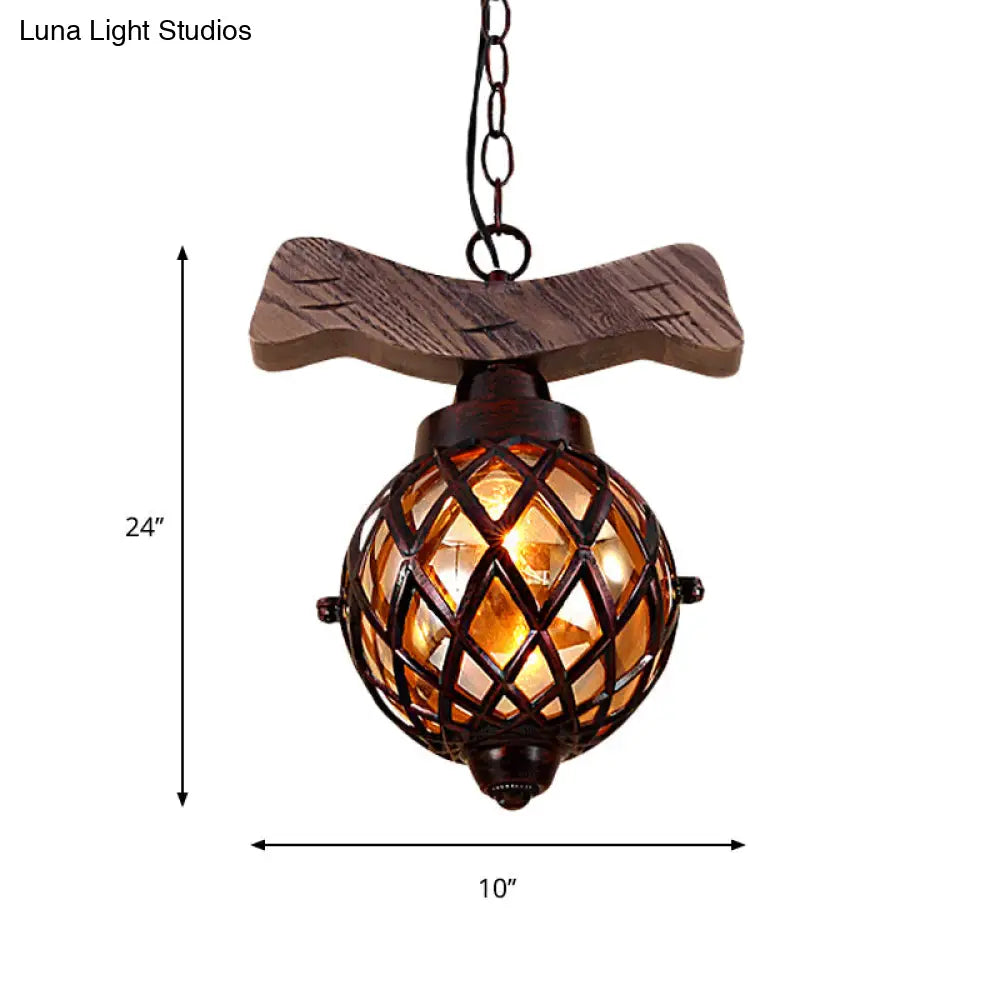 Amber Glass Ball Pendant Lamp With Wooden Base - Country Style Hanging Light | 1-Light Copper Finish