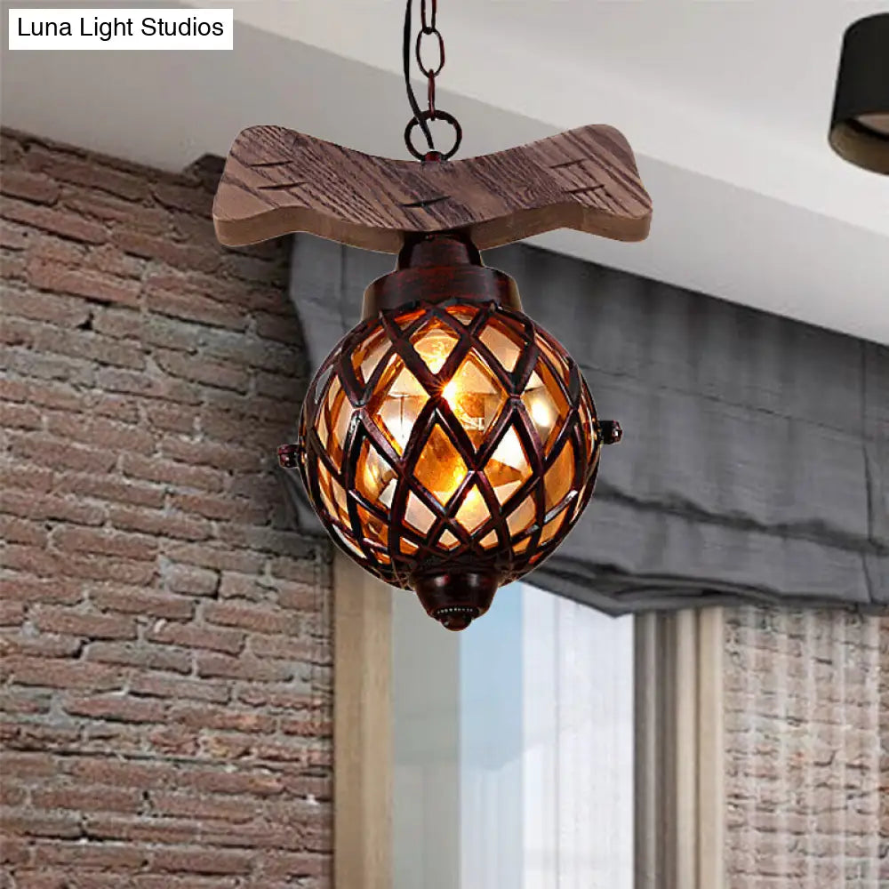 Amber Glass Ball Pendant Lamp With Wooden Base - 1 Light Country Hanging In Copper Wood