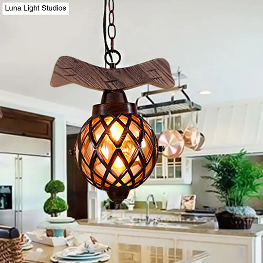 Amber Glass Ball Pendant Lamp With Wooden Base - Country Style Hanging Light | 1-Light Copper Finish