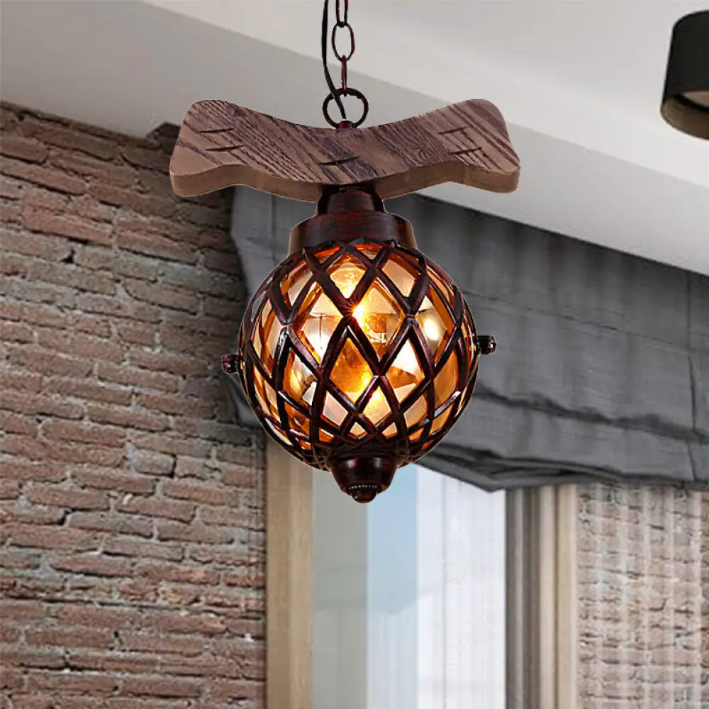 Amber Glass Ball Pendant Lamp With Wooden Base - Country Style Hanging Light | 1-Light Copper