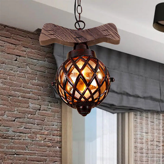 Amber Glass Ball Pendant Lamp With Wooden Base - Country Style Hanging Light | 1-Light Copper