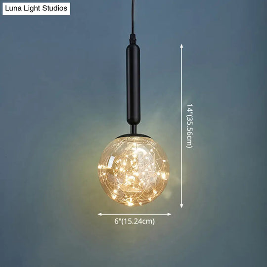 Amber Glass Ball Pendulum Light - Nordic Style Led Pendant With Starry String 1 Head