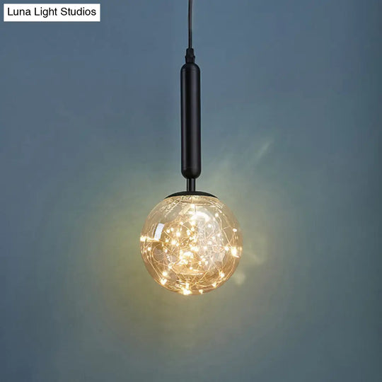 Amber Glass Ball Pendulum Light - Nordic Style Led Pendant With Starry String 1 Head Black / Natural