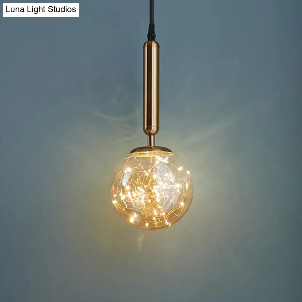 Amber Glass Ball Pendulum Light - Nordic Style Led Pendant With Starry String 1 Head Gold / Warm