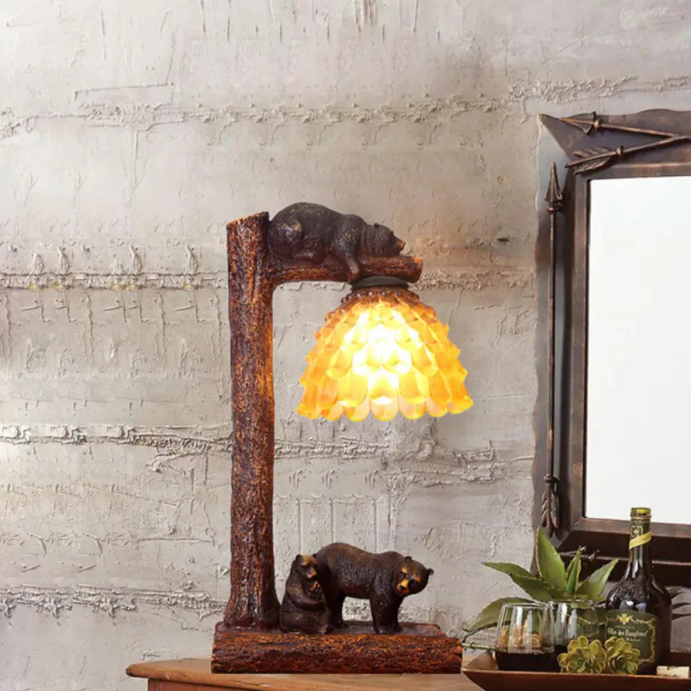 Amber Glass Bear Table Light - Brown Pinecone Bedroom Task Lamp