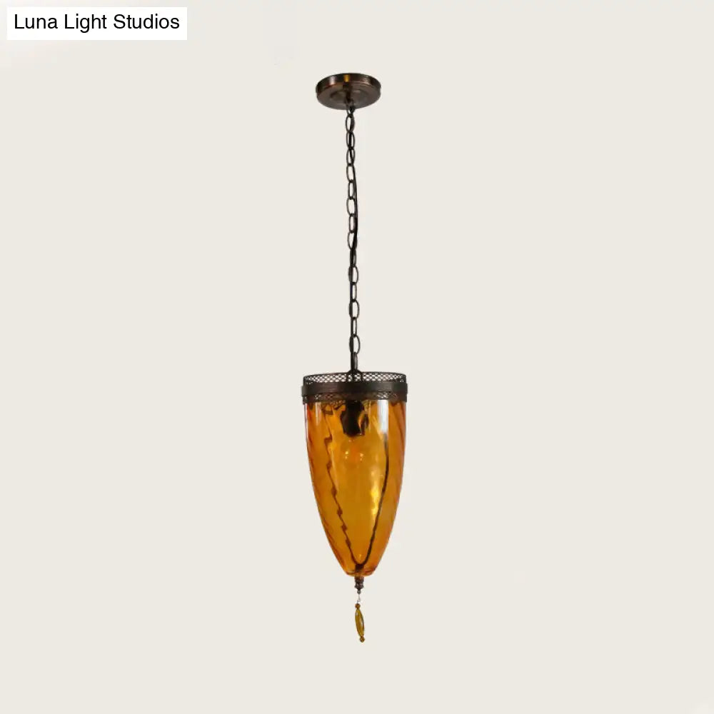 Amber Glass Black Suspension Lamp - Retro Style 1-Head Ceiling Light With Grid Trim And Chain