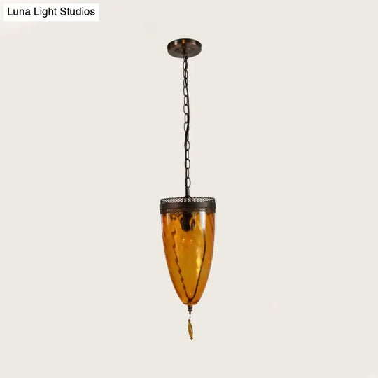 Amber Glass Black Suspension Lamp - Retro Style 1-Head Ceiling Light With Grid Trim And Chain