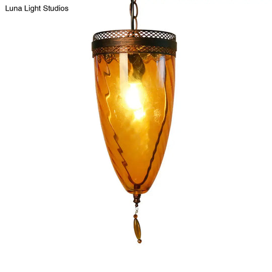 Amber Glass Black Suspension Lamp - Retro Style 1-Head Ceiling Light With Grid Trim And Chain