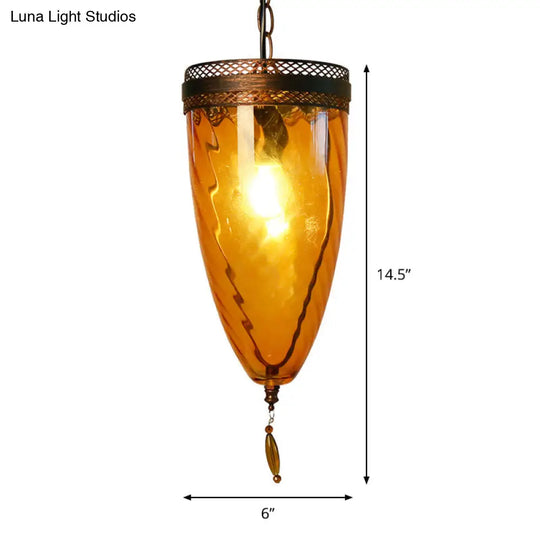 Amber Glass Black Suspension Lamp - Retro Style 1-Head Ceiling Light With Grid Trim And Chain