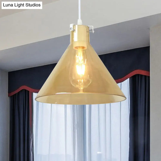 Amber Glass Cone Hanging Light - Modernist 1-Head Ceiling Suspension Lamp For Dining Room