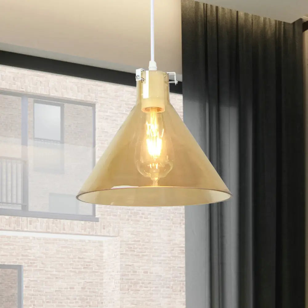 Amber Glass Cone Hanging Light - Modernist 1-Head Ceiling Suspension Lamp For Dining Room