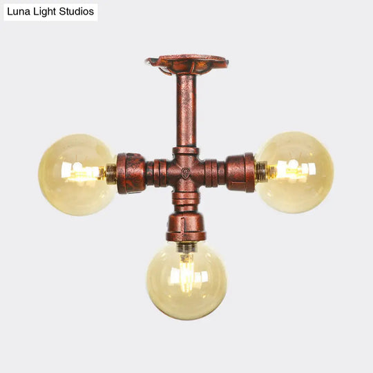 Amber Glass Copper Semi Flush Light Sphere Led Ceiling Fixture - Farmhouse Style