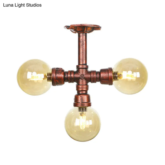 Amber Glass Copper Semi Flush Light Sphere Led Ceiling Fixture - Farmhouse Style