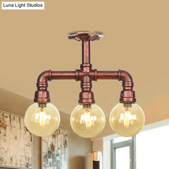 Amber Glass Copper Semi Flush Light Sphere Led Ceiling Fixture - Farmhouse Style