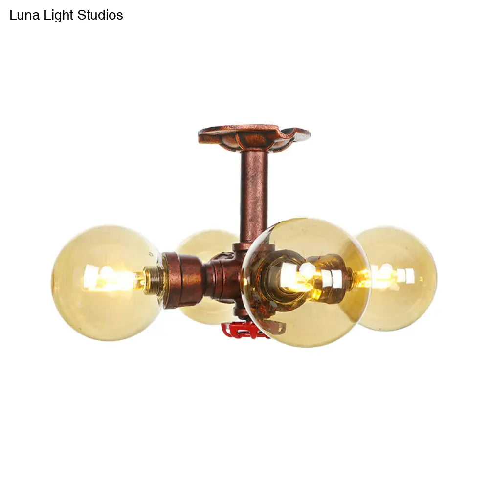 Amber Glass Copper Semi Flush Light Sphere Led Ceiling Fixture - Farmhouse Style