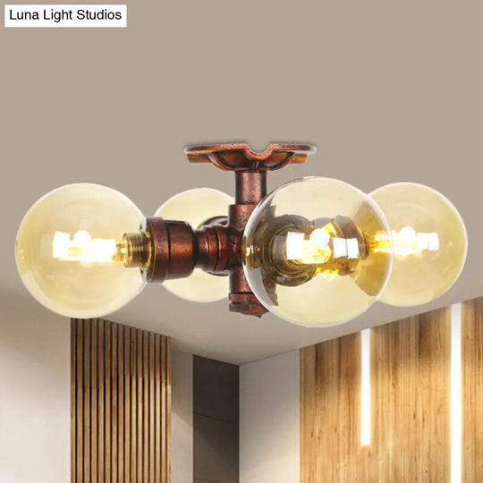 Amber Glass Copper Semi Flush Light Sphere Led Ceiling Fixture - Farmhouse Style / C