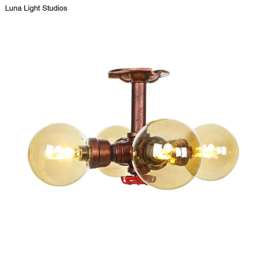 Amber Glass Copper Semi Flush Light Sphere Led Ceiling Fixture - Farmhouse Style