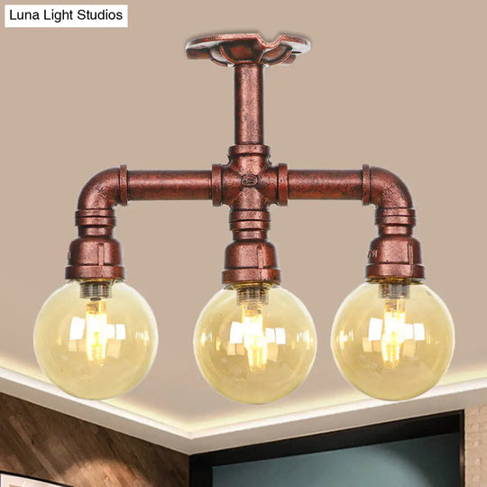 Amber Glass Copper Semi Flush Light Sphere Led Ceiling Fixture - Farmhouse Style / B