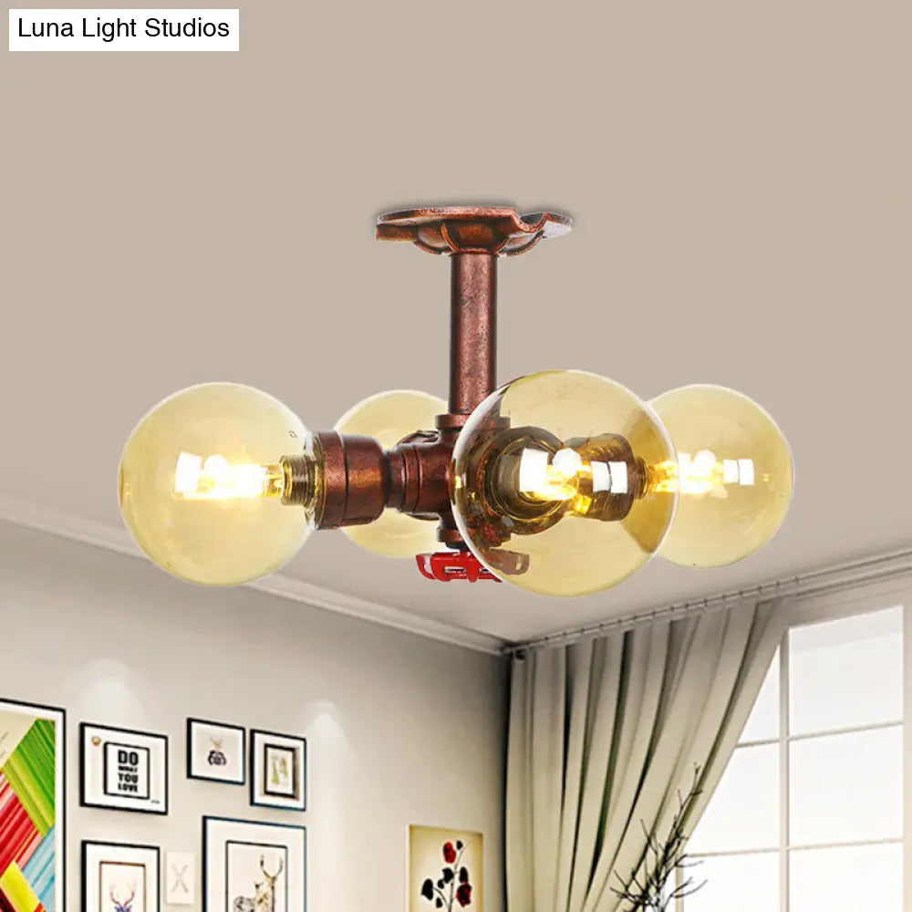 Amber Glass Copper Semi Flush Light Sphere Led Ceiling Fixture - Farmhouse Style